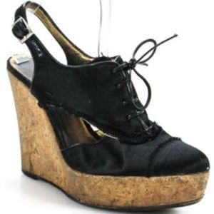 Bui Nylon Lace Up Sling Back Cork Wedges Heels 8